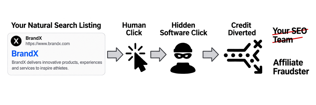 Hijacking flow: natural search listing to human click to hidden software click to diverted credit